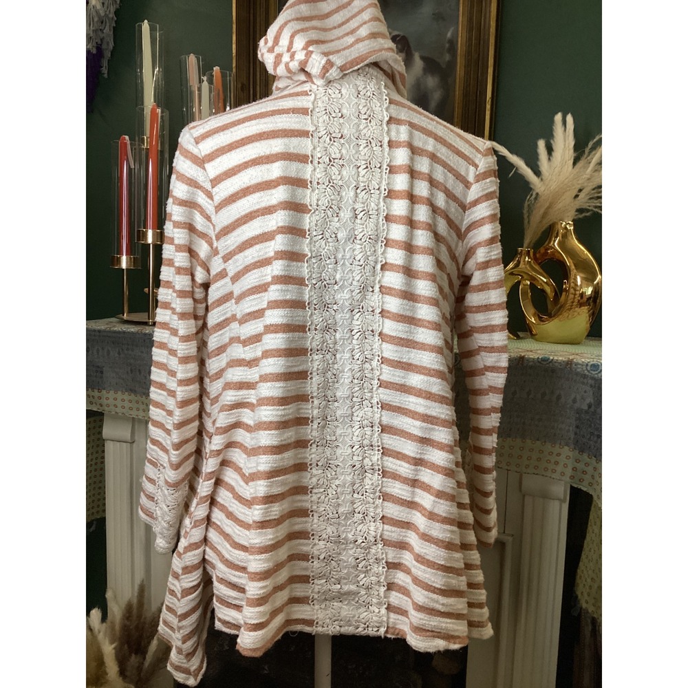 Entro Womens Small Striped Hooded Open‎ Front Cardigan Crochet Lace Back Rust - Picture 3 of 5